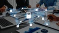 Network security concept with digital locks and business people collaborating on data analysis with graphs and charts in Royalty Free Stock Photo