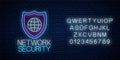 Network security glowing neon sign with alphabet. Internet protection symbol with shield and globe. Vector illustration