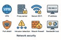 Network Security Icons Set: VPN, Proxy Server, Secure Wi-Fi, IP Address, Firewall, and More Royalty Free Stock Photo