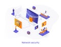 Network security isometric web banner. Firewall software, password identification and privacy isometry concept. Network Royalty Free Stock Photo