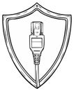 Network Security Shield Icon with Ethernet Cable Plug Hand Drawn Illustration Royalty Free Stock Photo