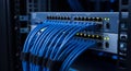 Network server rack with blue ethernet cables and active lights blue cables Royalty Free Stock Photo