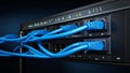 Network server rack with blue Ethernet cables connected, data center background. Royalty Free Stock Photo