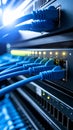 Network server rack with blue Ethernet cables connected and lights Royalty Free Stock Photo