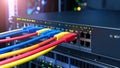 Network server rack with colorful ethernet cables connected, data center equipment. Royalty Free Stock Photo