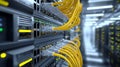 Network server rack ethernet cable data center technology connection hardware internet communication yellow cable equipment focus Royalty Free Stock Photo