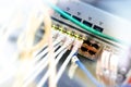 Network server rack with ethernet cables on switches in a data system center Royalty Free Stock Photo