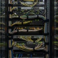 A network server rack is filled with various hardware components and neatly Royalty Free Stock Photo