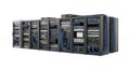 Network Server Racks with Blue Cables and Fiber Optics in Data Center System on a White Background for Royalty Free Stock Photo