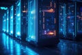 network server room data center with rows of hard drives. 3d rendering, Row of network servers with glowing LED lights, AI Royalty Free Stock Photo