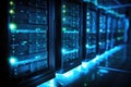 network server room with hard drives in blue light 3d render, Row of network servers with glowing LED lights, AI Generated Royalty Free Stock Photo