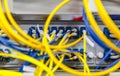 Network server room routers with fusebox panel blurred front background. Datacentre interface and equipment Royalty Free Stock Photo