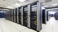 Network Server Room. Rows of Modern Servers with Flashing LED Lights Inside Data Center.