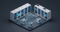 Network server room setup with multiple server racks aligned in two rows. Racks are Royalty Free Stock Photo
