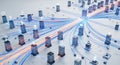 Overview of a network with servers connected by glowing lines on a white surface with icons above Royalty Free Stock Photo