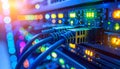 Network switch with colorful glowing lights and cables Royalty Free Stock Photo