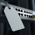 A network switch is depicted with multiple Ethernet ports, each labeled with Royalty Free Stock Photo