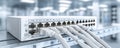 Network switch ethernet cable data center server rack internet connection technology hardware communication equipment Royalty Free Stock Photo