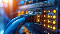 Network switch with Ethernet cable and glowing ports Royalty Free Stock Photo