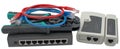 Network switch, ethernet cable and cable tester Royalty Free Stock Photo