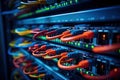 Network switch and ethernet cables in data center. 3d rendering, close up of network cables connected to an internet hub, shallow Royalty Free Stock Photo