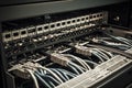 Network switch and ethernet cables in data center. Selective focus, Network cables connected in the network switch, AI Generated Royalty Free Stock Photo