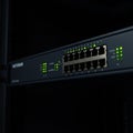 A network switch with 16 Ethernet ports is visible, housed in a rack-mounted setup. Royalty Free Stock Photo