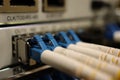 network switch with fiber optic cables closeup Royalty Free Stock Photo