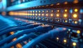 Network switch with glowing orange lights and blue cables Royalty Free Stock Photo