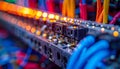 Closeup of network switch with blue Ethernet cables and orange lights Royalty Free Stock Photo
