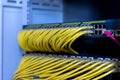 Network switch on rack cabinet with yellow utp patch cord cables connected Royalty Free Stock Photo