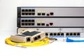 Network tester on fiber optic cable Royalty Free Stock Photo