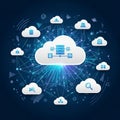 Network-themed digital art featuring cloud computing icons on a dark blue Royalty Free Stock Photo