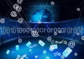 Network of web icons against globe and binary coding data processing on blue background Royalty Free Stock Photo
