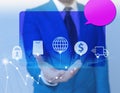 Network web shopping shop economy security deliver icons and a man with open hand in a blue screen. Pink empty speech Royalty Free Stock Photo