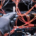 Network wires in the hands of a man at the server for data storage, clo Royalty Free Stock Photo