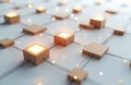 Network of wooden cubes represents complex system. Glowing squares symbolize nodes in connection. Concept for business, tech, Royalty Free Stock Photo