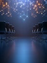 Networked Conference Room Empty chairs face each other in a modern conference room illuminated by a digital network overhead Royalty Free Stock Photo