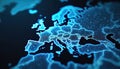 Networked Europe map displays continent with blue lines, nodes. Futuristic tech interface emphasizes connectivity, tech. High Royalty Free Stock Photo