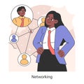 Networking. Female business character building professional connections