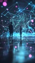 Networking scene with abstract encryption symbols and neural network-inspired art.