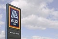 Neu-Ulm, Bavaria, Germany - May 21, 2021: Aldi column with information against a cloudy sky