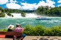 Neuhausen am Rheinfall, Switzerland - 23 July 2019. Waterfall on the river Rhine in the city Neuhausen am Rheinfall in  Switzerlan Royalty Free Stock Photo