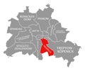 Neukoelln city district red highlighted in map of Berlin Germany