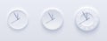 Neumorphic clocks on light background. Three clock faces. Royalty Free Stock Photo