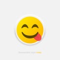 Neumorphic emoji vector icon. Positive emoticon with tongue in neumorphism style isolated on gray background. Vector EPS