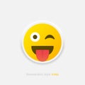 Neumorphic emoji vector icon. Positive emoticon with tongue in neumorphism style isolated on gray background. Vector EPS