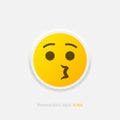 Neumorphic emoji vector icon. Positive whistling emoticon in neumorphism style isolated on gray background. Vector EPS