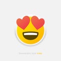 Neumorphic enamored emoji vector icon. Positive love emoticon with hearts in neumorphism style isolated on gray