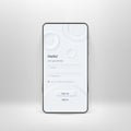 Neumorphic UI kit on smartphone screen. Login and registration form on white smartphone template. Input field for registration and